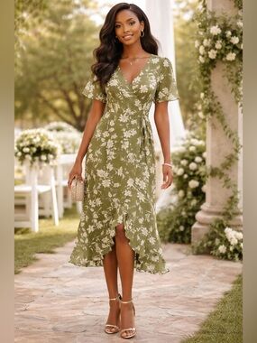 MOON RIVER Floral Faux Wrap Dress Large Ruffle Hem Midi Wedding Guest Tropical